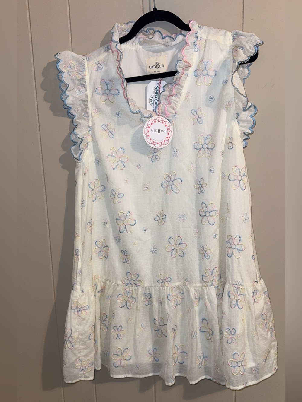 Umgee Cream Floral Ruffle Sleeve Dress with Pastel Embroidery